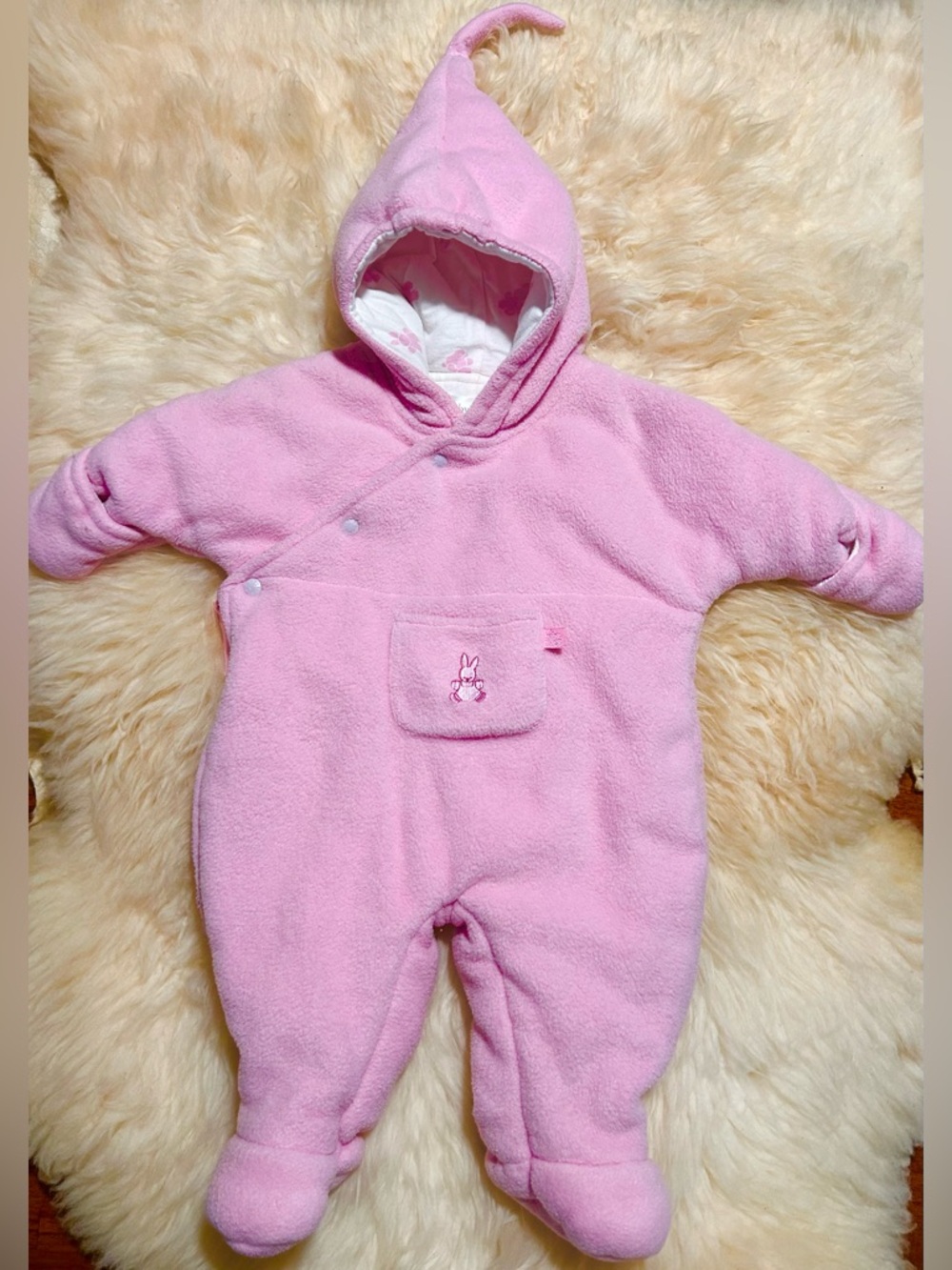 Vintage Baby Place Pink Hooded Baby Snowsuit with Bunny Pocket 3-6 months